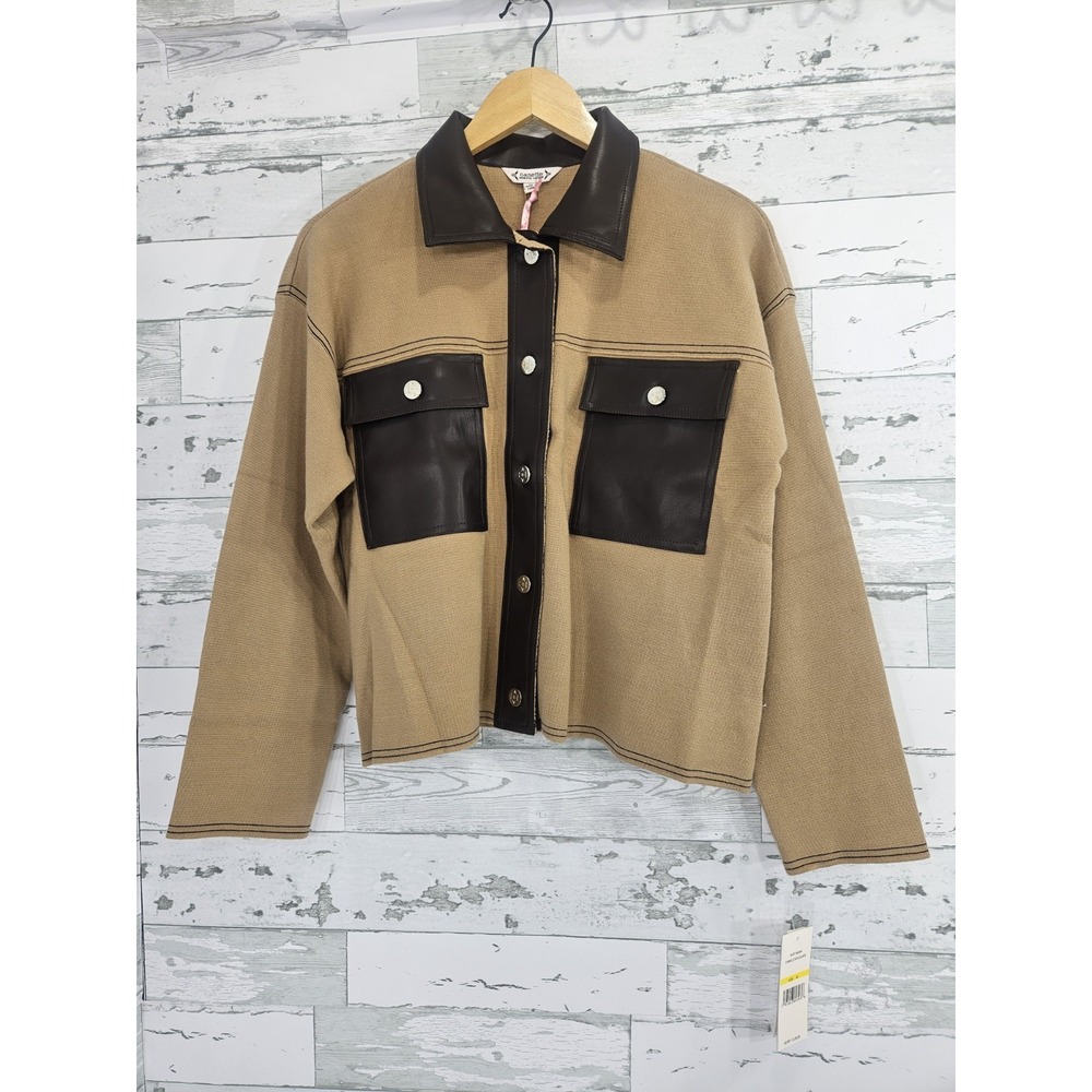 Nanette Lepore Faux Leather Combo Sweater Jacket Tan Women M